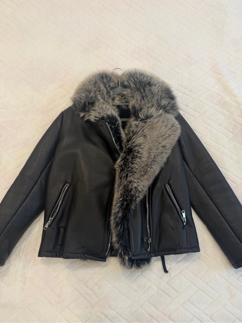 Women's Black Faux Leather Jacket with Grey Fur Trim